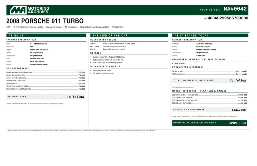 2008 Porsche 911 Turbo window sticker